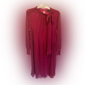 ELOQUII hot pink shimmer sparkly long sleeved ruffle hem tie neck dress